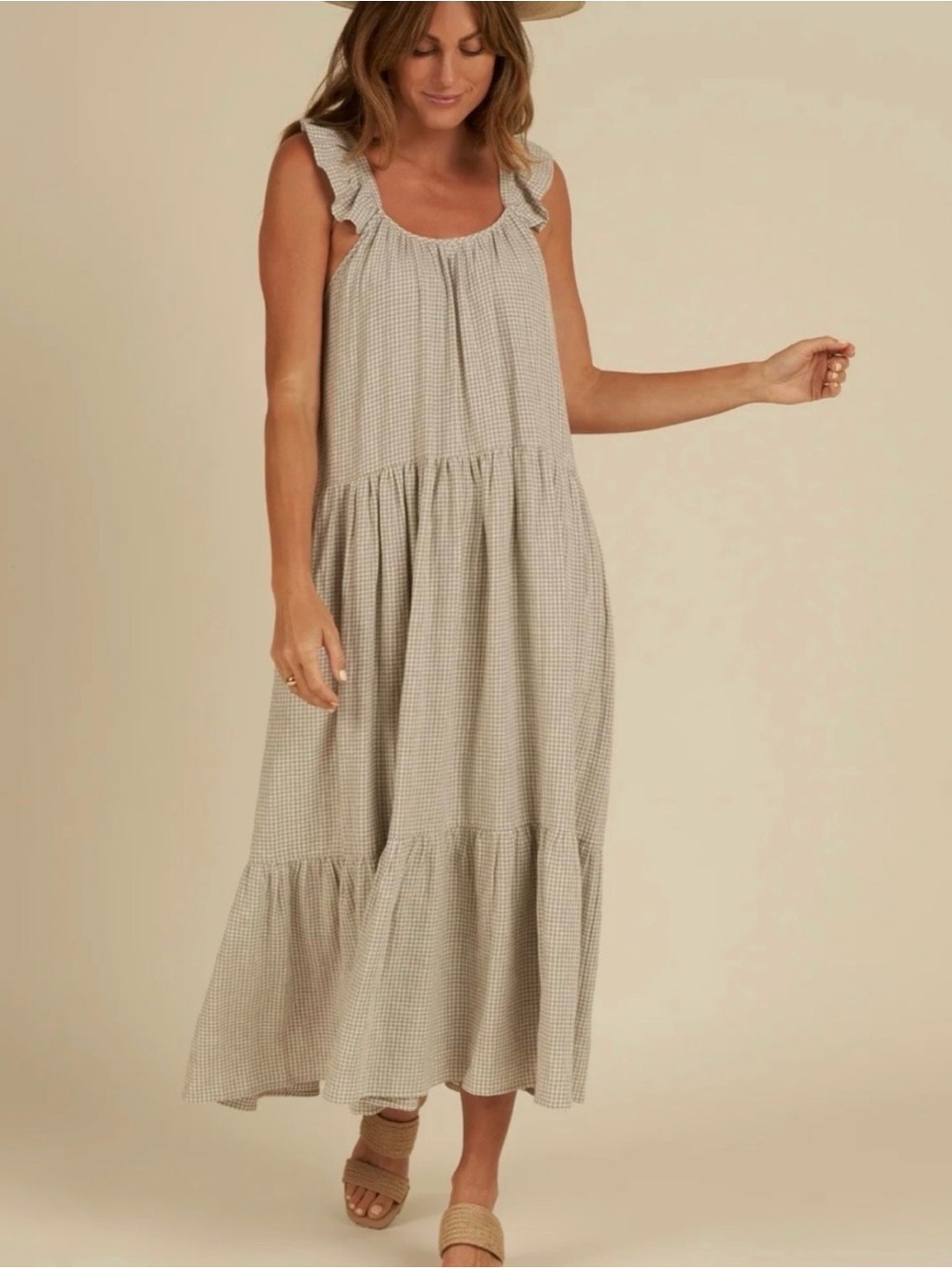 Rylee + Cru Light Taupe Gingham Ruffle Strap Maxi Dress